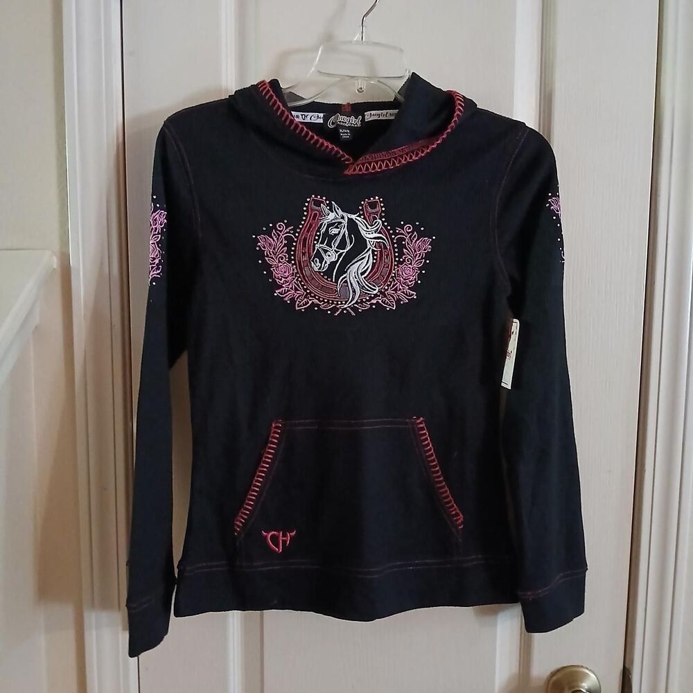 Y2K Style Horseshoe Horse Hooded Thermal Black/Pink Rhinestones Girls XL 14/16